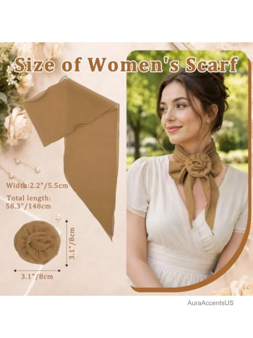 Detachable Rose Flower Scarf Lightweight Fashion Neck Scarf for Women Polyester